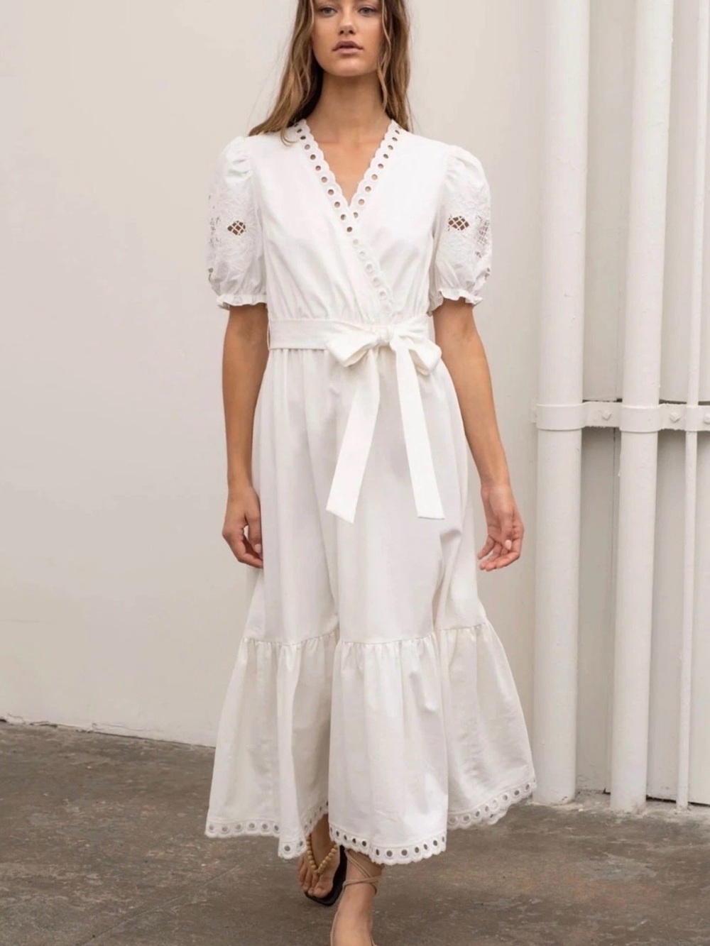 Moon River White Eyelet‎ Wrap Midi Dress with Puff Sleeves